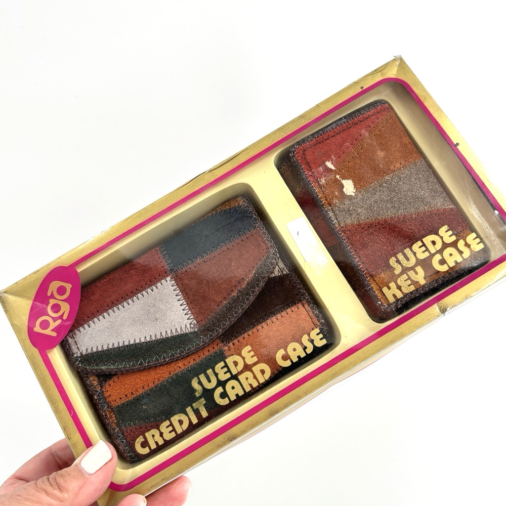 Vtg 70s Patchwork Wallet Key Case Leather Suede Deadstock NOS Groovy
